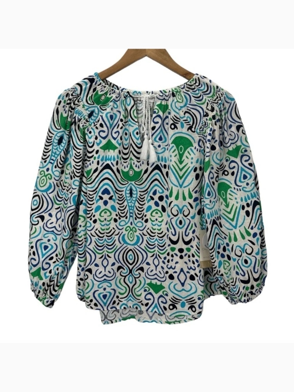 Calligraphie Linen Blend Tie Front Artsy Geometric Print Blouse Top Resortwear M